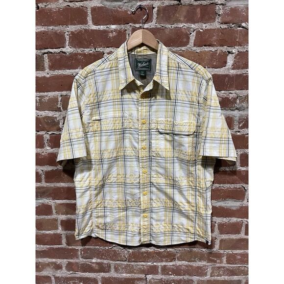 Woolrich Shirt Mens Large Button Up Short Sleeve Yellow Gray Plaid Large - Picture 1 of 4